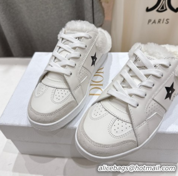 Durable Dior Star Sneaker Mules in Calfskin Leather and Wool White 51029062