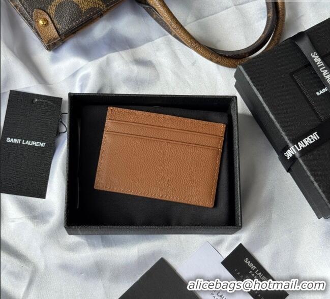 Top Grade Saint Laurent Cassandre Shadow Card Case in Grained Leather 687098 Brown/Gold 2025