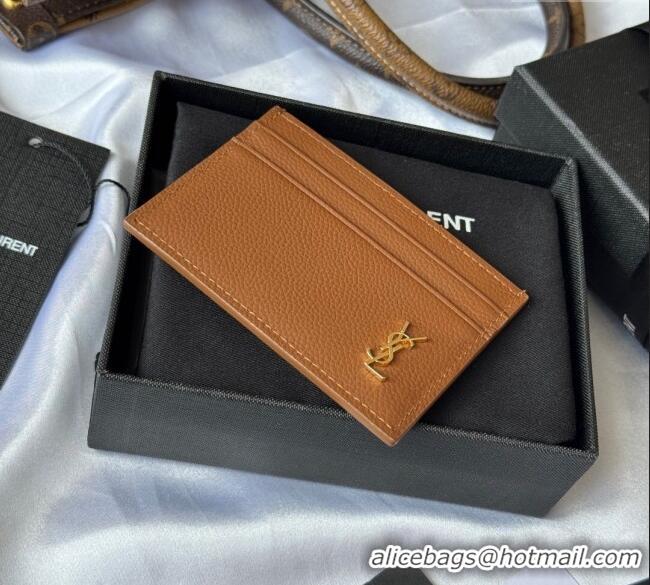 Top Grade Saint Laurent Cassandre Shadow Card Case in Grained Leather 687098 Brown/Gold 2025