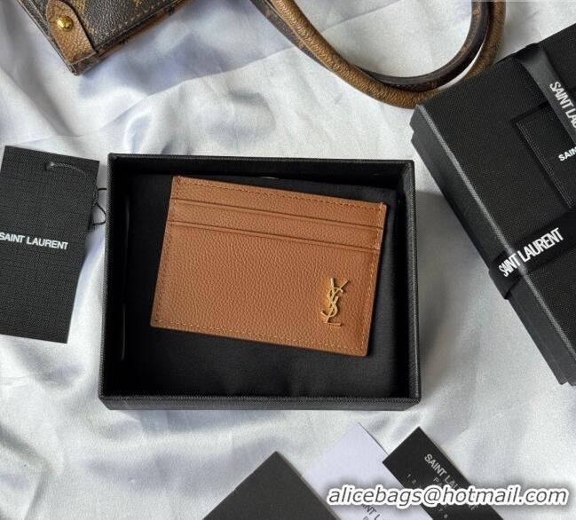 Top Grade Saint Laurent Cassandre Shadow Card Case in Grained Leather 687098 Brown/Gold 2025