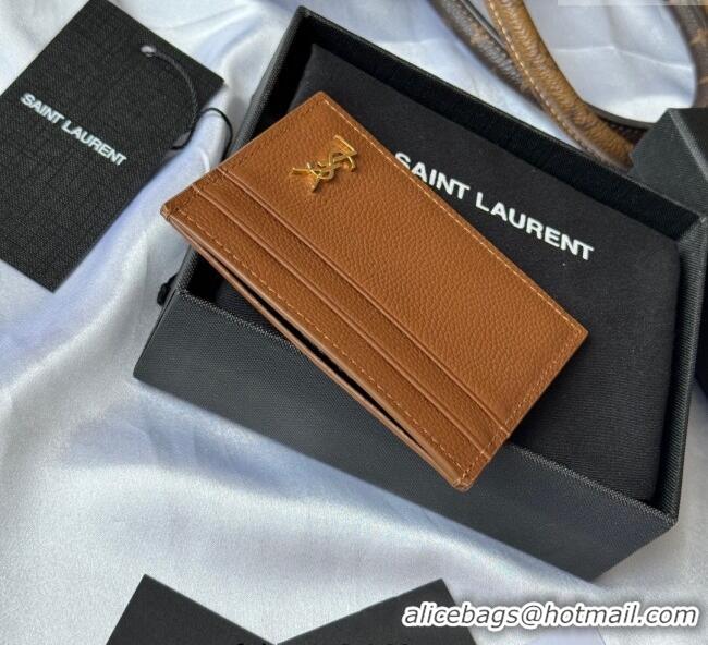 Top Grade Saint Laurent Cassandre Shadow Card Case in Grained Leather 687098 Brown/Gold 2025
