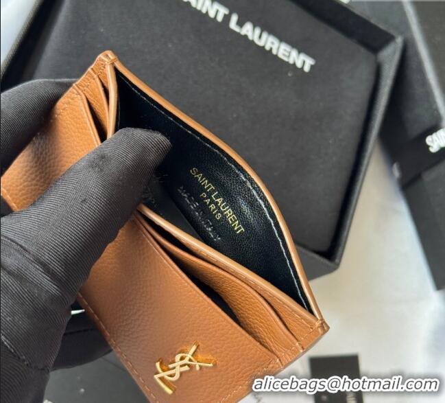 Top Grade Saint Laurent Cassandre Shadow Card Case in Grained Leather 687098 Brown/Gold 2025