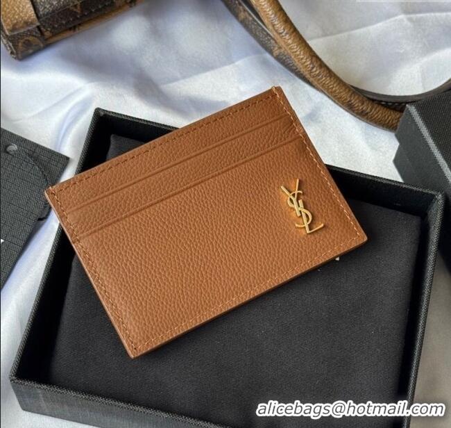 Top Grade Saint Laurent Cassandre Shadow Card Case in Grained Leather 687098 Brown/Gold 2025