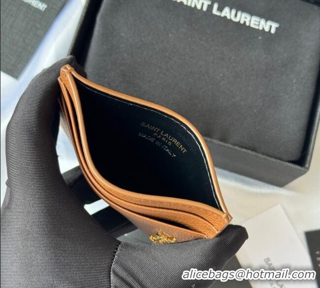 Top Grade Saint Laurent Cassandre Shadow Card Case in Grained Leather 687098 Brown/Gold 2025