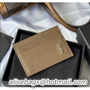 Top Grade Saint Laurent Cassandre Shadow Card Case in Grained Leather 687098 Beige/Silver 2025