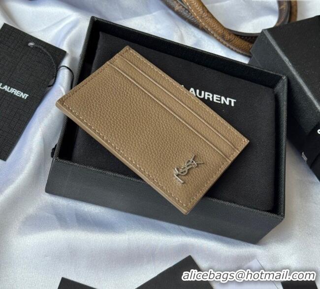 Top Grade Saint Laurent Cassandre Shadow Card Case in Grained Leather 687098 Beige/Silver 2025