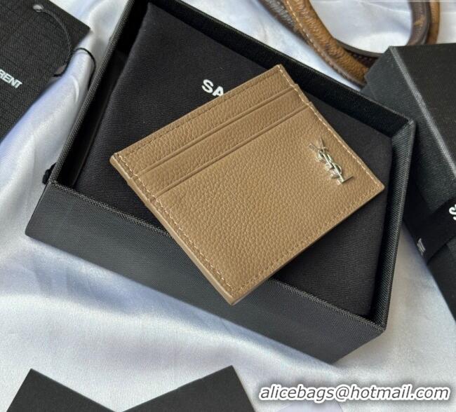 Top Grade Saint Laurent Cassandre Shadow Card Case in Grained Leather 687098 Beige/Silver 2025