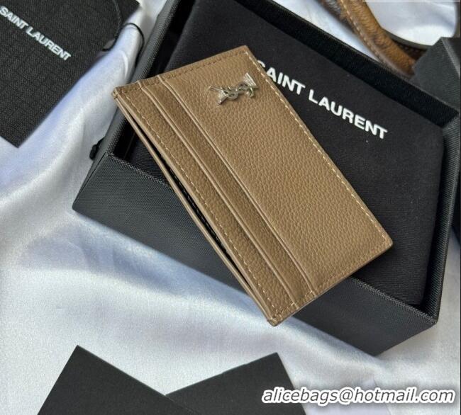 Top Grade Saint Laurent Cassandre Shadow Card Case in Grained Leather 687098 Beige/Silver 2025