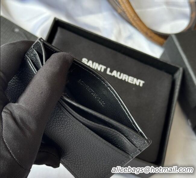 Famous Brand Saint Laurent Cassandre Shadow Card Case in Grained Leather 687098 Black/Silver 2025