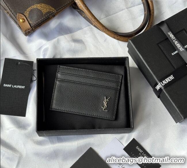 Famous Brand Saint Laurent Cassandre Shadow Card Case in Grained Leather 687098 Black/Silver 2025