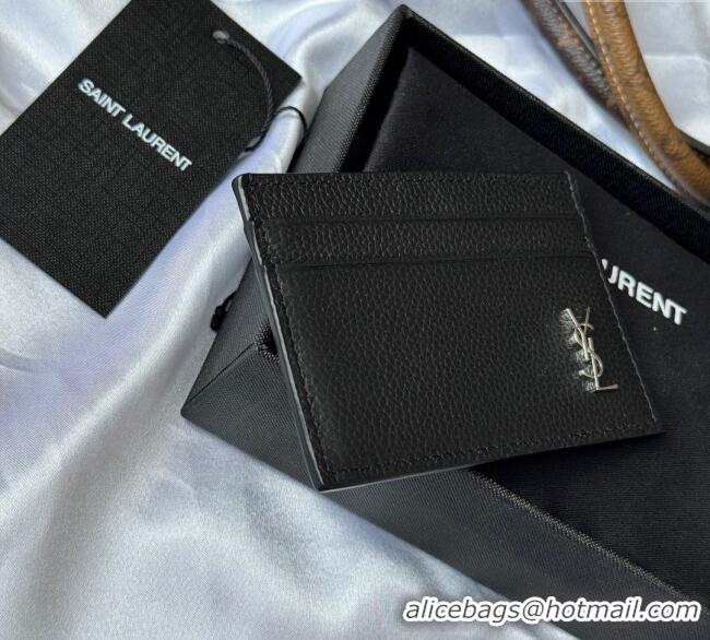 Famous Brand Saint Laurent Cassandre Shadow Card Case in Grained Leather 687098 Black/Silver 2025