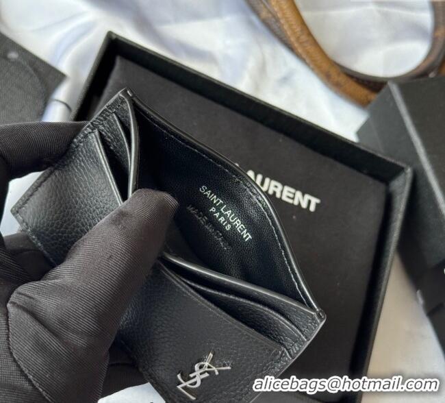 Famous Brand Saint Laurent Cassandre Shadow Card Case in Grained Leather 687098 Black/Silver 2025