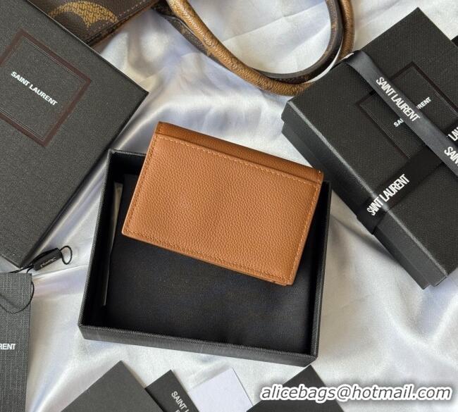Discount Saint Laurent Cassandre Shadow Business Card Case in Grained Leather 693492 Brown 2025