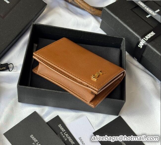 Big Discount Saint Laurent Cassandre Shadow Business Card Case in Grained Leather 693492 Brown/Gold 2025