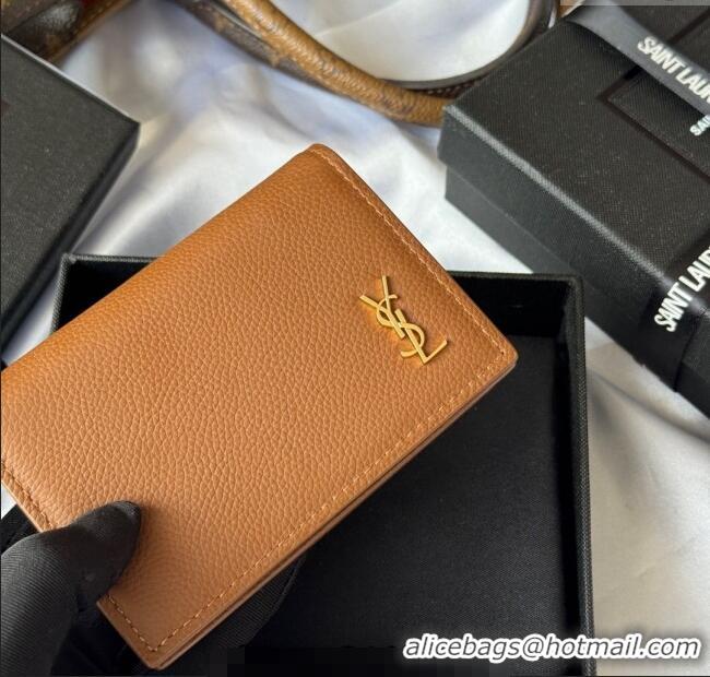 Big Discount Saint Laurent Cassandre Shadow Business Card Case in Grained Leather 693492 Brown/Gold 2025