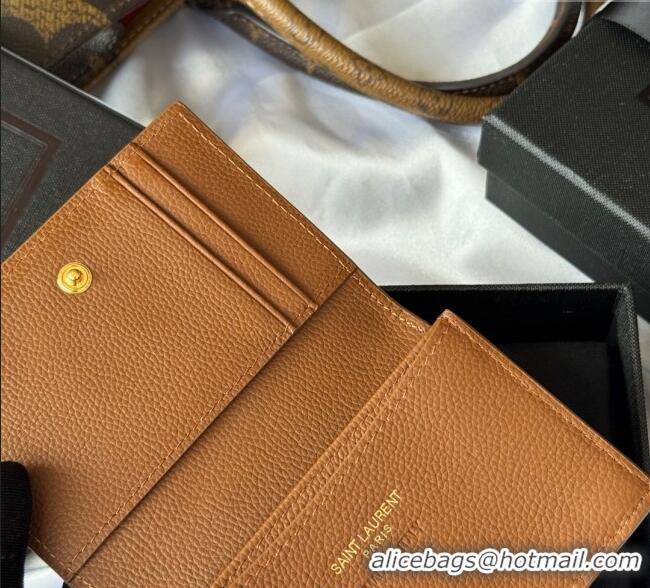 Big Discount Saint Laurent Cassandre Shadow Business Card Case in Grained Leather 693492 Brown/Gold 2025