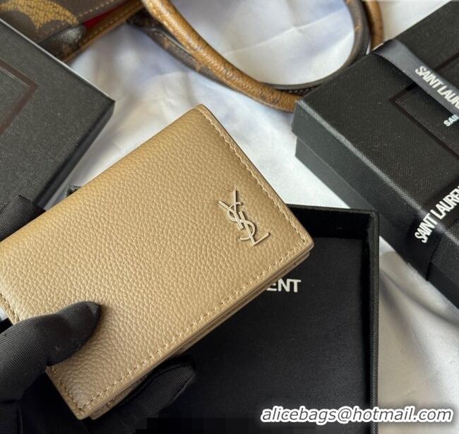 Famous Brand Saint Laurent Cassandre Shadow Business Card Case in Grained Leather 693492 Beige/Silver 2025