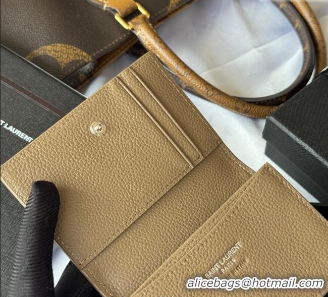 Famous Brand Saint Laurent Cassandre Shadow Business Card Case in Grained Leather 693492 Beige/Silver 2025