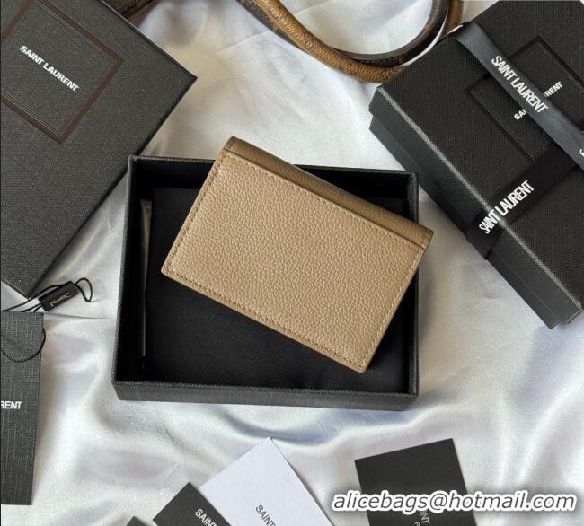 Famous Brand Saint Laurent Cassandre Shadow Business Card Case in Grained Leather 693492 Beige/Silver 2025