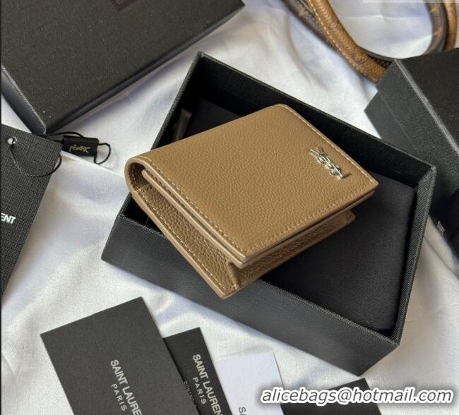 Famous Brand Saint Laurent Cassandre Shadow Business Card Case in Grained Leather 693492 Beige/Silver 2025