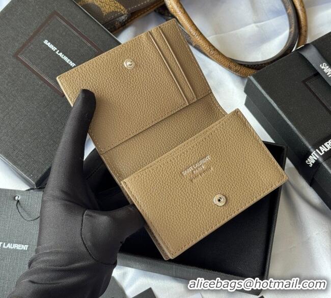 Famous Brand Saint Laurent Cassandre Shadow Business Card Case in Grained Leather 693492 Beige/Silver 2025