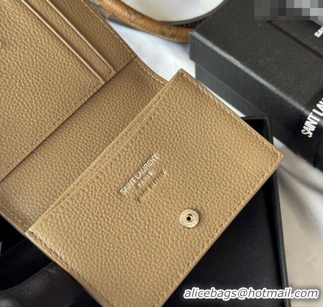Famous Brand Saint Laurent Cassandre Shadow Business Card Case in Grained Leather 693492 Beige/Silver 2025