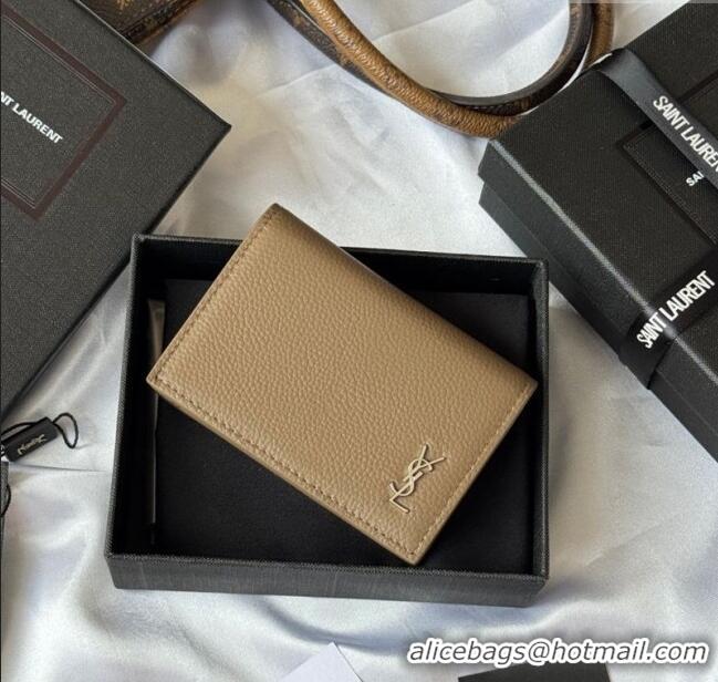 Famous Brand Saint Laurent Cassandre Shadow Business Card Case in Grained Leather 693492 Beige/Silver 2025