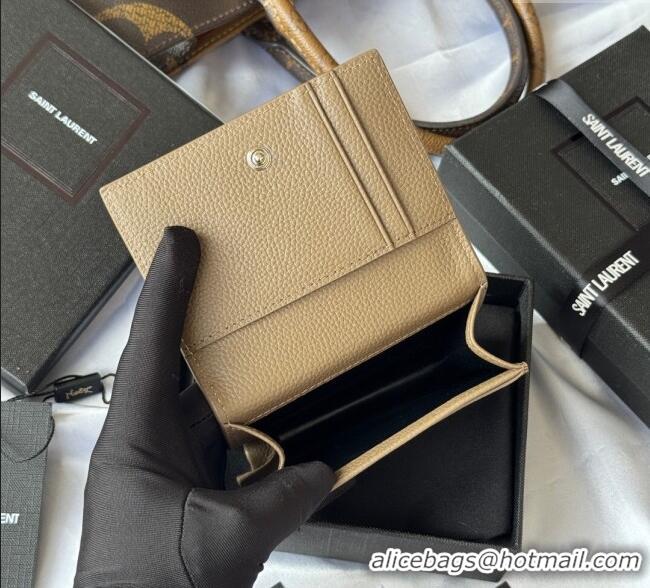 Famous Brand Saint Laurent Cassandre Shadow Business Card Case in Grained Leather 693492 Beige/Silver 2025