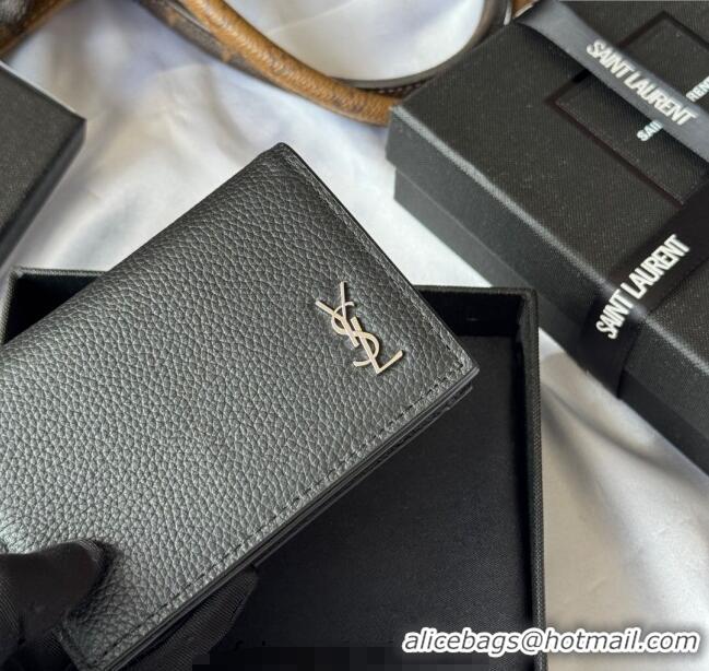 Buy Discount Saint Laurent Cassandre Shadow Business Card Case in Grained Leather 693492 Black/Silver 2025