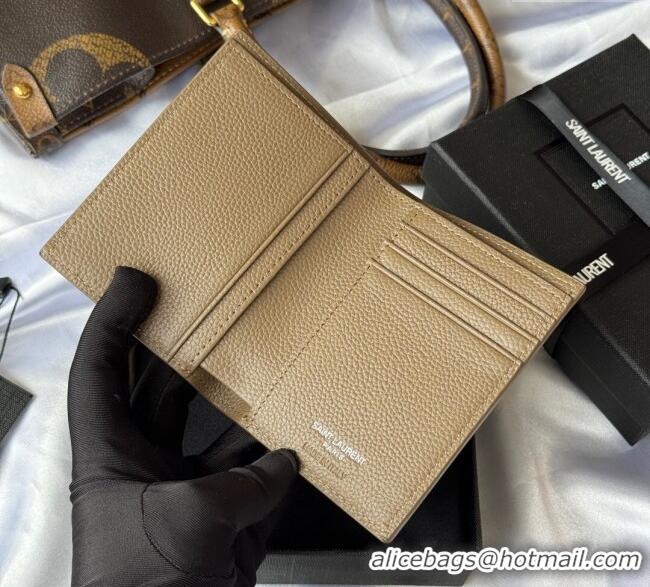 Top Grade Saint Laurent Tiny Cassandre Credit Card Wallet in Grained Leather 668736 Beige 2025