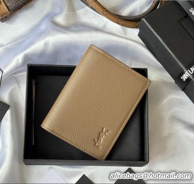 Top Grade Saint Laurent Tiny Cassandre Credit Card Wallet in Grained Leather 668736 Beige 2025