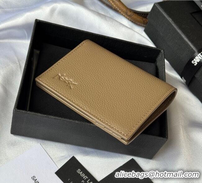Top Grade Saint Laurent Tiny Cassandre Credit Card Wallet in Grained Leather 668736 Beige 2025