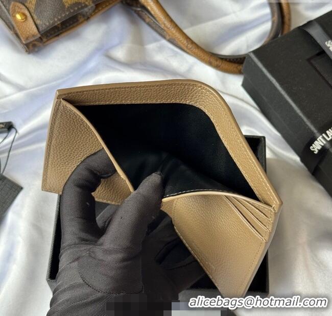 Top Grade Saint Laurent Tiny Cassandre Credit Card Wallet in Grained Leather 668736 Beige 2025