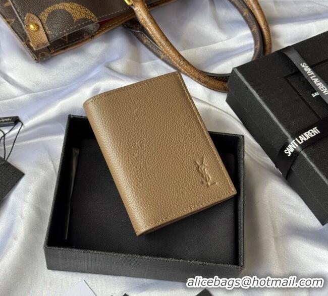 Top Grade Saint Laurent Tiny Cassandre Credit Card Wallet in Grained Leather 668736 Beige 2025