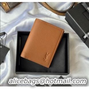 Top Quality Saint Laurent Tiny Cassandre Credit Card Wallet in Grained Leather 668736 Brown 2025