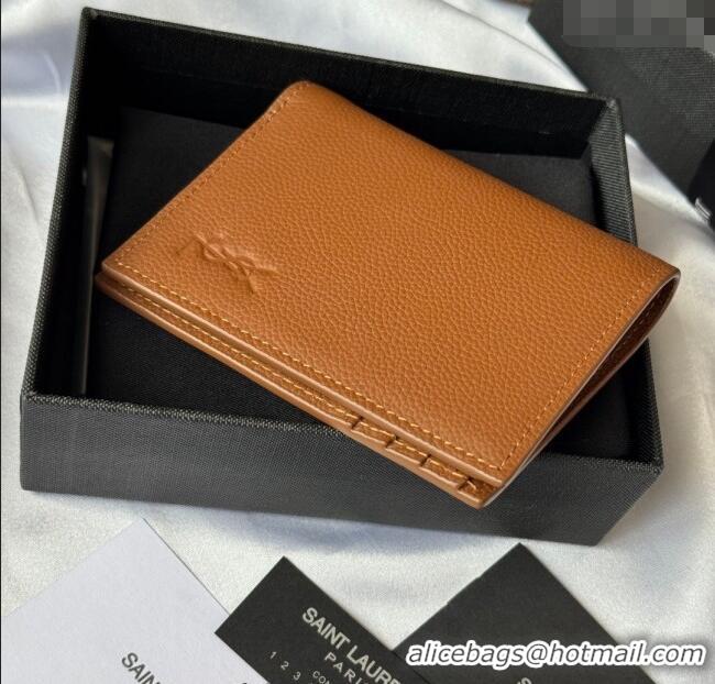 Top Quality Saint Laurent Tiny Cassandre Credit Card Wallet in Grained Leather 668736 Brown 2025