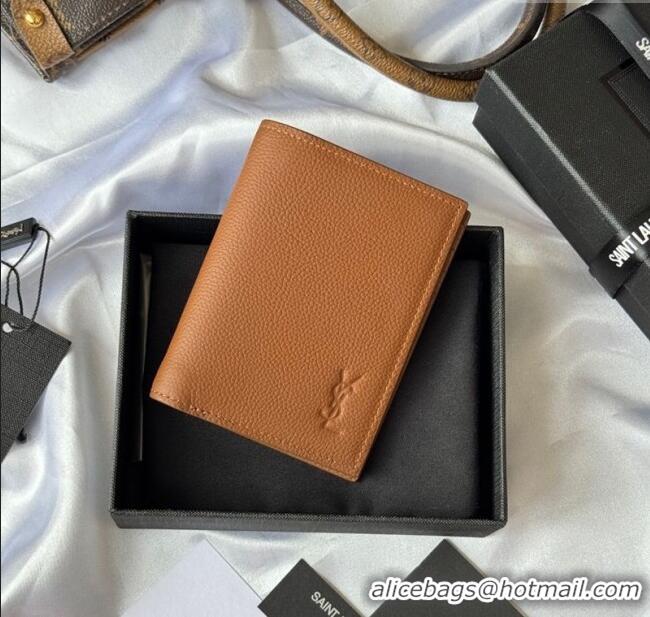 Top Quality Saint Laurent Tiny Cassandre Credit Card Wallet in Grained Leather 668736 Brown 2025