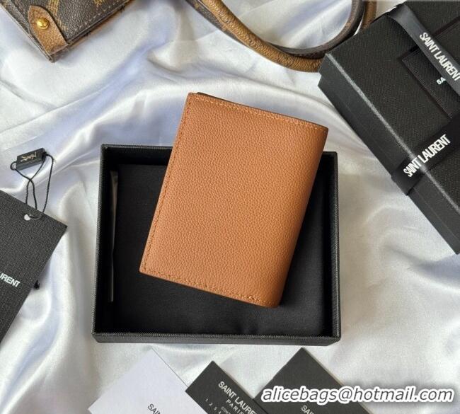 Top Quality Saint Laurent Tiny Cassandre Credit Card Wallet in Grained Leather 668736 Brown 2025