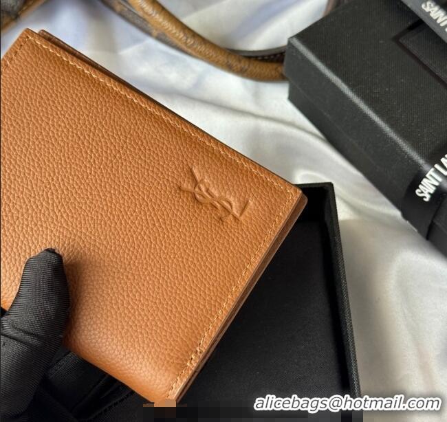 Top Quality Saint Laurent Tiny Cassandre Credit Card Wallet in Grained Leather 668736 Brown 2025