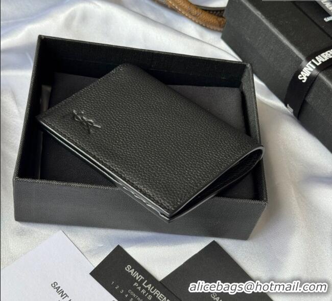 Top Design Saint Laurent Tiny Cassandre Credit Card Wallet in Grained Leather 668736 Black 2025
