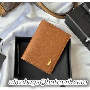 Best Price Saint Laurent Tiny Cassandre Credit Card Wallet in Grained Leather 668736 Brown/Gold 2025
