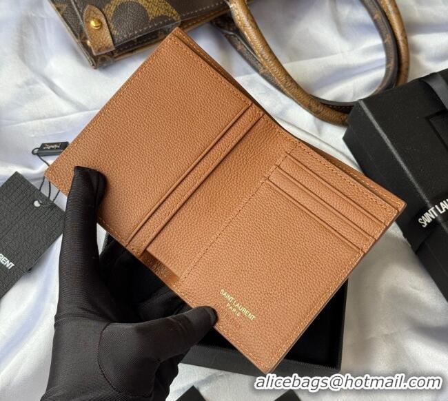 Best Price Saint Laurent Tiny Cassandre Credit Card Wallet in Grained Leather 668736 Brown/Gold 2025
