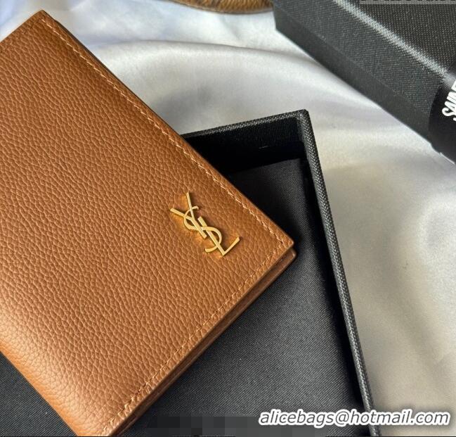 Best Price Saint Laurent Tiny Cassandre Credit Card Wallet in Grained Leather 668736 Brown/Gold 2025