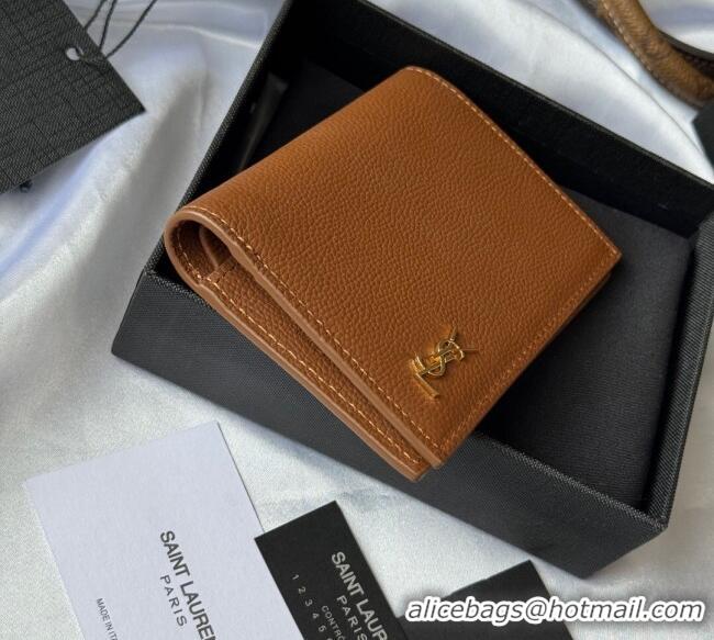 Best Price Saint Laurent Tiny Cassandre Credit Card Wallet in Grained Leather 668736 Brown/Gold 2025
