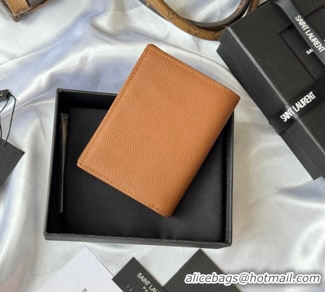 Best Price Saint Laurent Tiny Cassandre Credit Card Wallet in Grained Leather 668736 Brown/Gold 2025