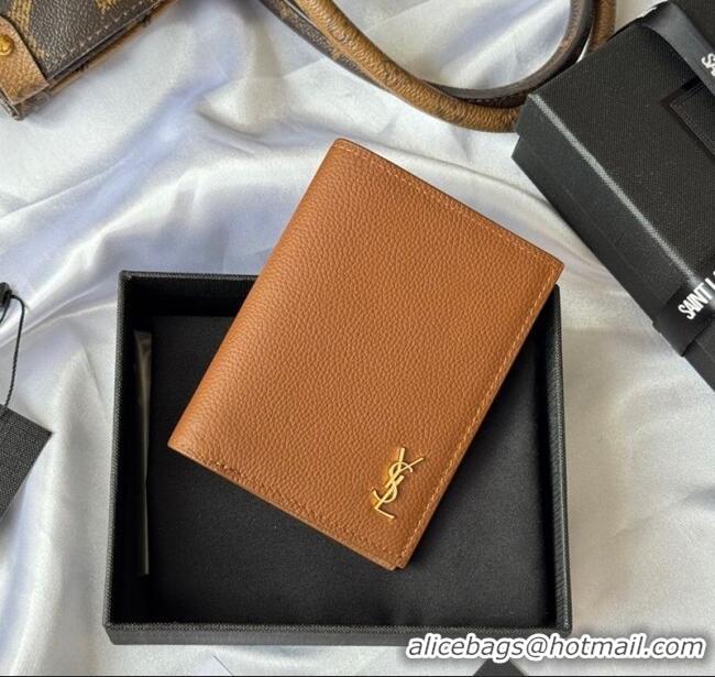 Best Price Saint Laurent Tiny Cassandre Credit Card Wallet in Grained Leather 668736 Brown/Gold 2025