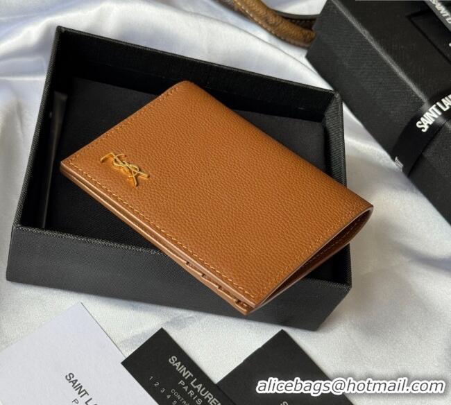 Best Price Saint Laurent Tiny Cassandre Credit Card Wallet in Grained Leather 668736 Brown/Gold 2025
