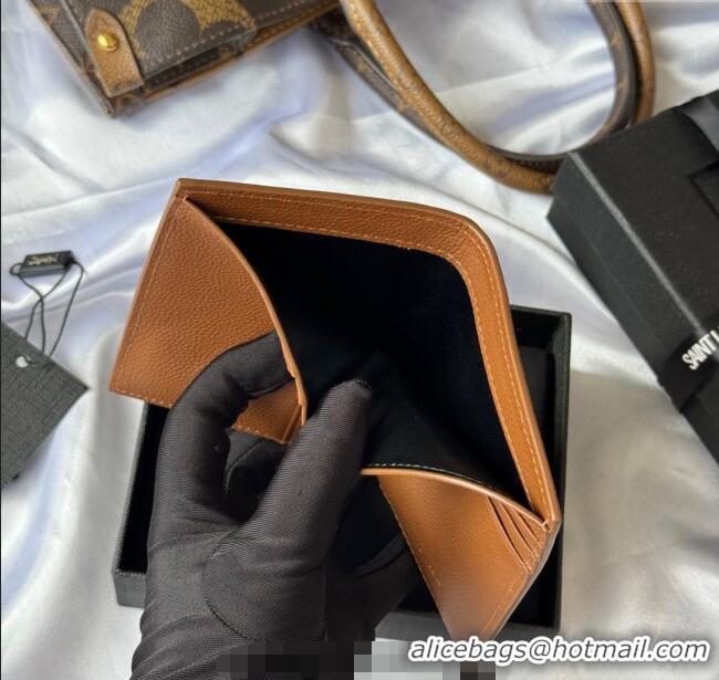 Best Price Saint Laurent Tiny Cassandre Credit Card Wallet in Grained Leather 668736 Brown/Gold 2025