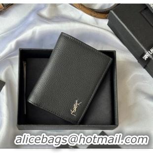 Top Quality Saint Laurent Tiny Cassandre Credit Card Wallet in Grained Leather 668736 Black/Silver 2025