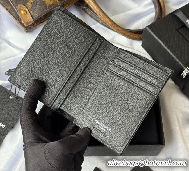 Top Quality Saint Laurent Tiny Cassandre Credit Card Wallet in Grained Leather 668736 Black/Silver 2025